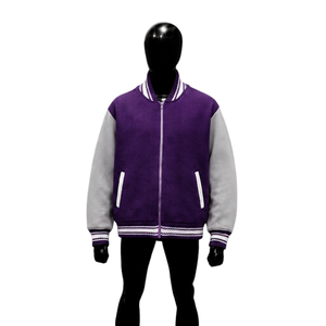 Chaqueta Varsity de Lana Morada con Mangas Gris Claro, Chaqueta Bomber de Béisbol de Primera Calidad para Hombre y Mujer, Chaqueta Letterman al por Mayor - Product Image 1