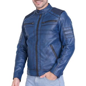 Custom Men Blue <b>Real</b> <b>Leather</b> <b>Jacket</b> Slim Fit Biker Style Racing Moto Coat Top Grain Sheepskin <b>Leather</b> Outerwear Manufacturer - Product Image 2