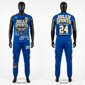 เสื้อยืดแขนกุดผ้าฝ้ายฟลีซ 280 GSM สำหรับผู้ชาย กางเกงคาร์โก้สีฟ้าพิมพ์ลายพัฟ ชุดเสื้อยืดแขนกุดและกางเกงสำหรับผู้ชาย - Product Image 6