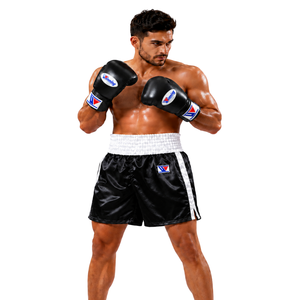 Shorts de boxe personnalisables en satin noir 100 % polyester, séchage rapide, unisexe, pour adultes, vêtements d'arts martiaux, logo frontal, coupe ample - Product Image 6