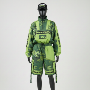 Conjunto corto cortavientos de nailon y poliéster premium, ligero, transpirable, con diseño de paneles de camuflaje, logotipo personalizado con impresión térmica, talla grande - Product Image 1