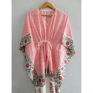 Vestido Kaftán de Algodón con Estampado de Bloques, Cuello en V, Manga Murciélago, Corte Ajustado y Evase, Hecho a Mano, Estilo Boho, Túnica Holgada para la Playa, Atuendo de Verano para Vacaciones - Product Image 5