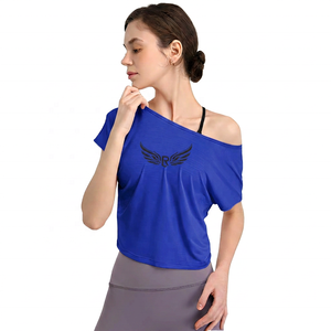 Women Plus Size Adults <b>Off</b>-<b>The</b>-<b>Shoulder</b> Yoga <b>Top</b> <b>Pink</b> Short Sleeve Loose Fit Breathable Solid with Wing Logo Front Print - Product Image 5