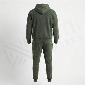 Men's Olive Green Hooded <b>Tracksuit</b> Solid Color Casual Sweatshirt With Front Logo And Matching Pants Full Length Regular Fit - Product Image 2