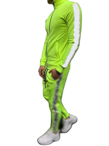 Conjunto Deportivo para Hombre en Verde Neón, Chaqueta con Cierre Completo y Cuello Alto, Corte Deportivo, Ligero, Spandex y Poliéster, Color Sólido, Bolsillos Laterales, Ropa Casual - Product Image 2