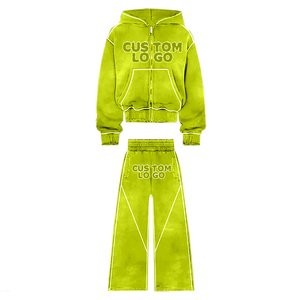 Al por mayor, Conjuntos de chándal de felpa 100% algodón con bordado desgastado y efecto lavado ácido, Pantalones de chándal acampanados para invierno, Chándal con pedrería - Product Image 4