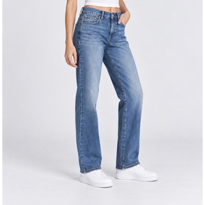 Jeans de mezclilla de cintura alta para mujer, de pierna recta, con túnel frontal ancho para cinturón, azul medio, al por mayor - Product Image 2