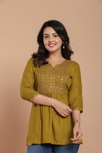 <b>Women's</b> Olive Green Cotton <b>Kurta</b> With Embroidery 3/4 Sleeve Casual Loose Fit Regular Length Ethnic Wear India Pakistan Style - Product Image 2