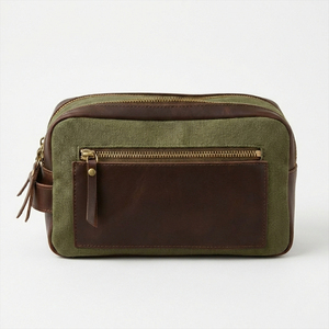 Classic Canvas Leather Toiletry Bag Rectangle Shape Brass Zipper Durable Travel Storage Bathroom Use 1-3L Capacity - Product Image 1