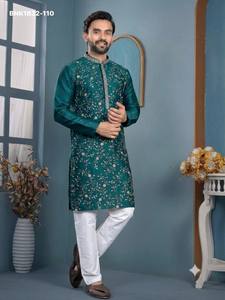 Festival wear Trendy Silk with Embroidered-All Over work & Full-Sleeve Readymade <b>Man's</b> <b>Kurta</b>-Payjama Supplier from Surat - Product Image 3