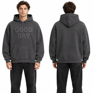เสื้อฮู้ดดี้ผู้ชายสีเทาเข้ม ลายนูน รุ่น Good Day ทรงโอเวอร์ไซส์ สวมใส่สบาย ผ้าฟลีซ พิมพ์โลโก้ด้านหน้า แขนเสื้อปกติ - Product Image 3