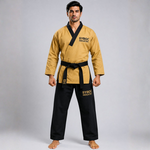 Uniforme de Karate Dorado para Poomsae, Dobok con Cuello Negro, Traje de Instructor de Dos Tonos, Top de Satén con Ribete Negro, Atuendo de Competición 100% Algodón - Product Image 1