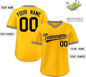 Maillot de baseball jaune personnalisé, col en V, manches courtes, nom de l'équipe, numéro imprimé, polyester respirant, vêtements de sport unisexes pour adultes - Product Image 2