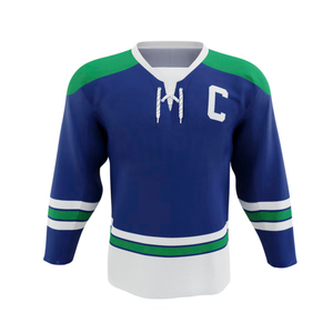 Camiseta de Hockey sobre Hielo Personalizada para Hombre, Azul, Verde y Blanco, Cuello en V, Manga Larga, Bordada, con la Letra C del Capitán, Malla Transpirable, Talla Adulto - Product Image 1