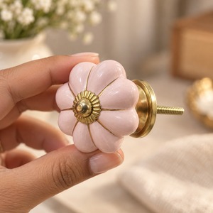 SHUBHAM <b>Pink</b> Flower Ceramic Cabinet Knob with Gold Tone Hardware Decorative Drawer Dresser <b>Wardrobe</b> Furniture Handle - Product Image 3