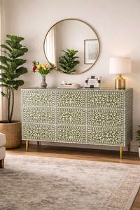 Cómoda Alta Moderna de Lujo con Incrustaciones de Hueso Negro y Madera de Mango Sólida, 5 Cajones, Diseño Floral Artesanal, Almacenamiento para Dormitorio y Sala de Estar, Hecha a Mano - Product Image 4