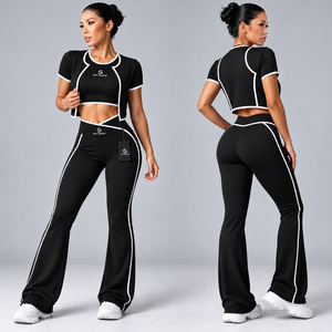 Ensemble tactique Sam 2 pièces, haut court noir et leggings évasés taille haute avec bordure contrastante blanche, prix avantageux, vente en gros - Product Image 6