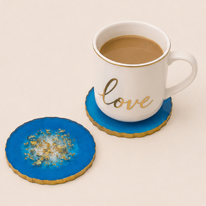 Ensemble de sous-verres de luxe personnalisés en résine époxy agate géode, avec paillettes dorées, bleus, résistants à la chaleur, pour table et tasses, vente en gros - Product Image 3