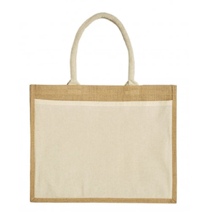 Sac fourre-tout en jute écologique et durable, avec une poche avant en toile, des poignées en coton robustes et un design spacieux, idéal pour le shopping. - Product Image 1