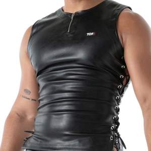 Débardeur en cuir noir style Kinky Laced pour homme, sans manches, pour clubwear, fêtes et mode sexy - Product Image 3
