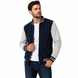 Mens Navy Blue Varsity <b>Jacket</b> Contrast Sleeve <b>Zip</b> <b>Up</b> Bomber Coat Casual Spring Outerwear - Product Image 1