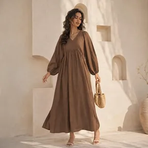 Boho Brown Solid Plain Cotton Maxi <b>Dress</b> With Full Sleeve V-Neck <b>Loose</b> Fit Summer Casual <b>Dress</b> For Women - Product Image 2