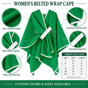 Cosh International Sorority Sisterhood Green Asymmetric Poncho V-Neck Batwing Sleeve Long <b>Cloak</b> With White Trim And Bow Closure - Product Image 6