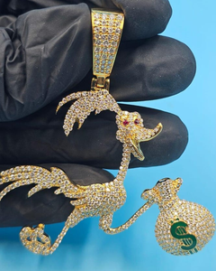 Pendentif Hip Hop en forme de canard et sac d'argent avec symbole $, entièrement serti de Moissanite VVS, Bijoux Hip Hop en Argent, Pendentif 3D style dessin animé - Product Image 1