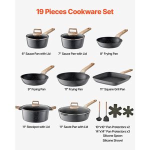 Set di pentole da cucina a induzione antiaderente in granito da 19 pezzi pentole e padelle nere - Product Image 2