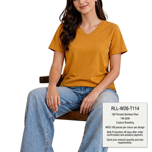 เสื้อยืดคอวีผู้หญิง ใยไผ่ 100% 140 GSM แขนสั้น รับทำโลโก้ แบรนด์ส่วนตัว - Product Image 6