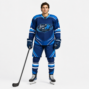 Uniforme de hockey sur glace bleu pour hommes, manches longues, gants, patins, polyester anti-humidité, vêtements d'équipe pour adultes, prix de gros avec OEM ODM - Product Image 1