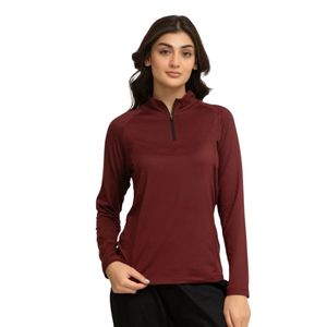 Haut décontracté ajusté pour femme, bordeaux, à manches longues, col montant zippé, extensible, basique, pour le quotidien - Product Image 1