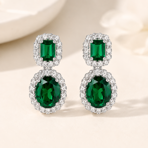 10K White Gold Emerald Cluster Drop <b>Earrings</b> | Oval Green Gemstone & Diamond Halo Jewelry | Elegant Women's <b>Fine</b> Jewelry Gift - Product Image 1