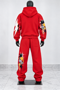 <b>Red</b> Solid Heavyweight Full Zip 100% Cotton <b>Hoodie</b> and Track Pants Set Vintage Streetwear for Autumn - Product Image 2
