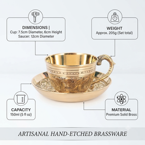 Juego de Taza y Platillo de Té de Latón Indio Tradicional, Taza de Café Vintage Grabada con Asa Ornamentada, Vajilla de Hotel, Juego de Regalo para Bebidas - Product Image 5