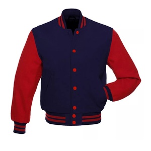 เสื้อแจ็คเก็ตเบสบอลวิทยาลัยคุณภาพสูงสำหรับกีฬาฤดูหนาว ดีไซน์แบบซาตินบอมเบอร์ แขนหนังวัวแท้ คอตั้ง - Product Image 1