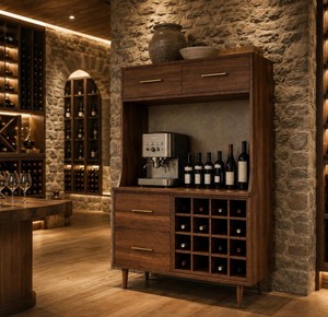 Modern Solid Teak <b>Bar</b> <b>Cabinet</b> with Wine Storage and Coffee Station with Drawers Freestanding Console - Product Image 3