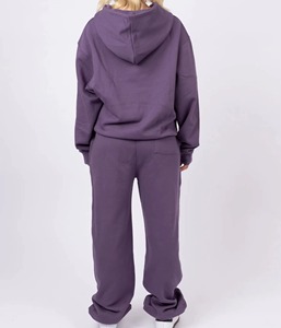 Conjunto de Sudadera y Pantalones Deportivos de Dos Piezas para Mujer, Color Morado, Hombros Caídos, Felpa, Sudadera con Capucha y Pantalones con Puños Acanalados, Estilo Deportivo - Product Image 2