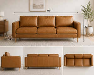 Sofá de Cuero Estilo Escandinavo de 3 Plazas con Estructura de Madera Sólida, Muebles de Sala de Estar Premium, Sofá Moderno de Mediados de Siglo - Product Image 2