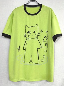 T-shirt décontracté pour femme vert lime avec imprimé chat dessiné à la main, col rond, manches courtes, coupe ample, en coton, pour le printemps et l'été - Product Image 1