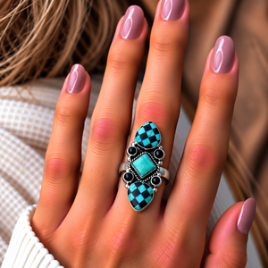 Anillo de Piedra Azul Turquesa a Cuadros, Estilo Ajedrez Occidental, Hecho a Mano, Anillo de Diseño, Joyería Boho del Suroeste con Piedras Preciosas, Regalo para Chica - Product Image 5