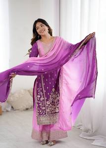 Conjunto de Diseño Indio: Top de Seda Chinon Sombreada con Codificación Dori, Bordado con Lentejuelas e Hilos, Pantalón Palazzo y Dupatta con Trabajo de Codificación Dori y Lentejuelas - Product Image 3