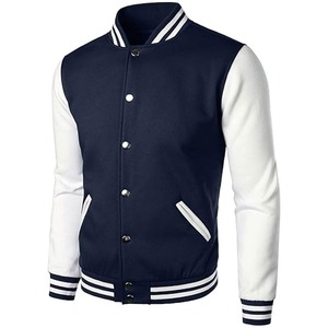 Veste universitaire bleu marine pour homme avec manches blanches, col rabattu, fermeture boutonnée, style automne, coupe classique - Product Image 1