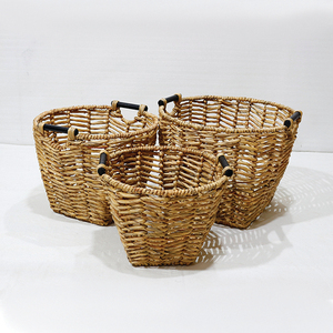 Wholesale Eco Friendly Water Hyacinth Storage <b>Basket</b> Set Woven Laundry <b>Hamper</b> with Black Handles - Product Image 1