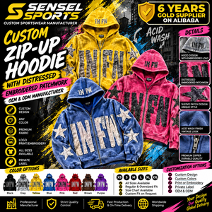 Hoodies Homme Personnalisables avec Logo 500 GSM Épais et Lourd, Coupe Courte, Fermeture Éclair, Effet Délavé Vintage, Broderie Distressed, Patch, Hoodie Zippé - Product Image 1