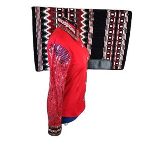 Camisa roja de espectáculo occidental para mujer con mangas de lentejuelas y cuello de diamantes de imitación + almohadilla de sillín inspirada en Navajo | Rodeo Bling Outfit - Product Image 3