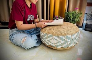 Customised Durable & Eco-Friendly Handwoven Water Hyacinth Pouf Ottoman Round Floor <b>Cushion</b> Natural Rattan Top Meditation Yoga - Product Image 3
