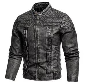 Blouson moto coupe-vent en cuir véritable noir pour homme, col montant, fermeture éclair, coupe ajustée, finition délavée, manches classiques, hiver - Product Image 2