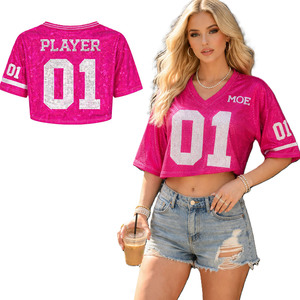 Maillot de football américain court pour femme avec numéro en strass, col en V en maille, haut streetwear respirant en polyester, fourniture OEM - Product Image 1