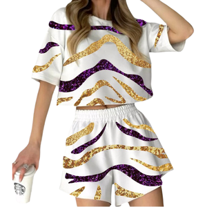 Premium Custom <b>Sequin</b> Patch Women's Texture <b>Sequin</b> Game Day Short 2pcs Set Breathable Fabric Embroidery Womens T-Shirt Short Set - Product Image 3